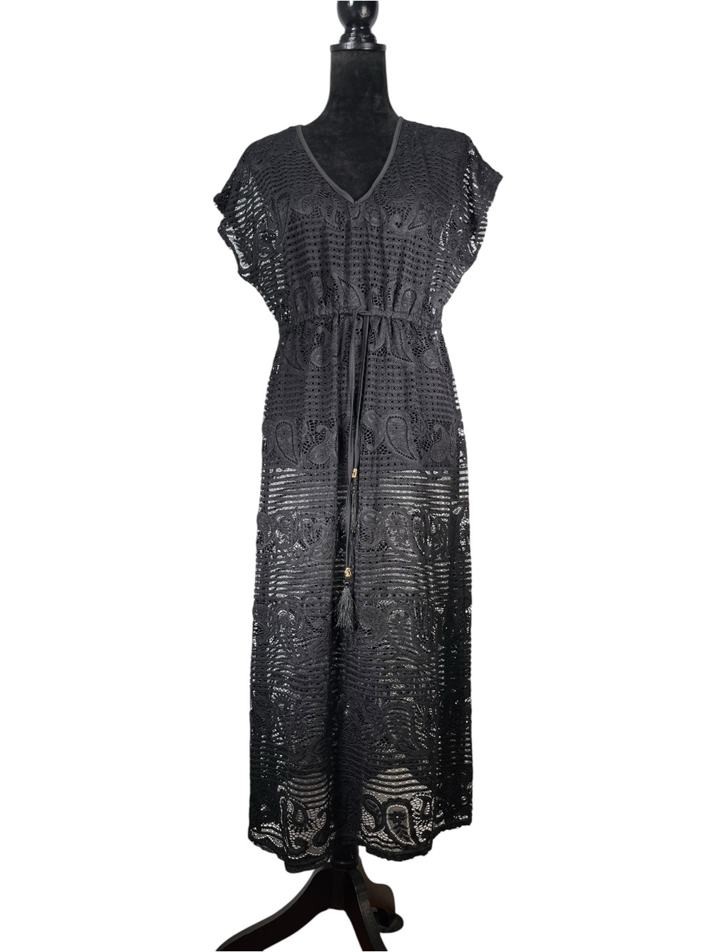 Black Crochet Maxi Dress Swim Cover Up Drawstring Beach Sleeveless Long Boho - Picture 3 of 12